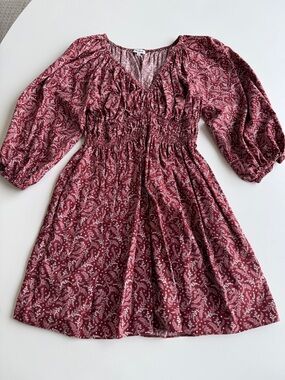 Madewell Dark Red Floral Print Dress size 2 with elastic smock waist